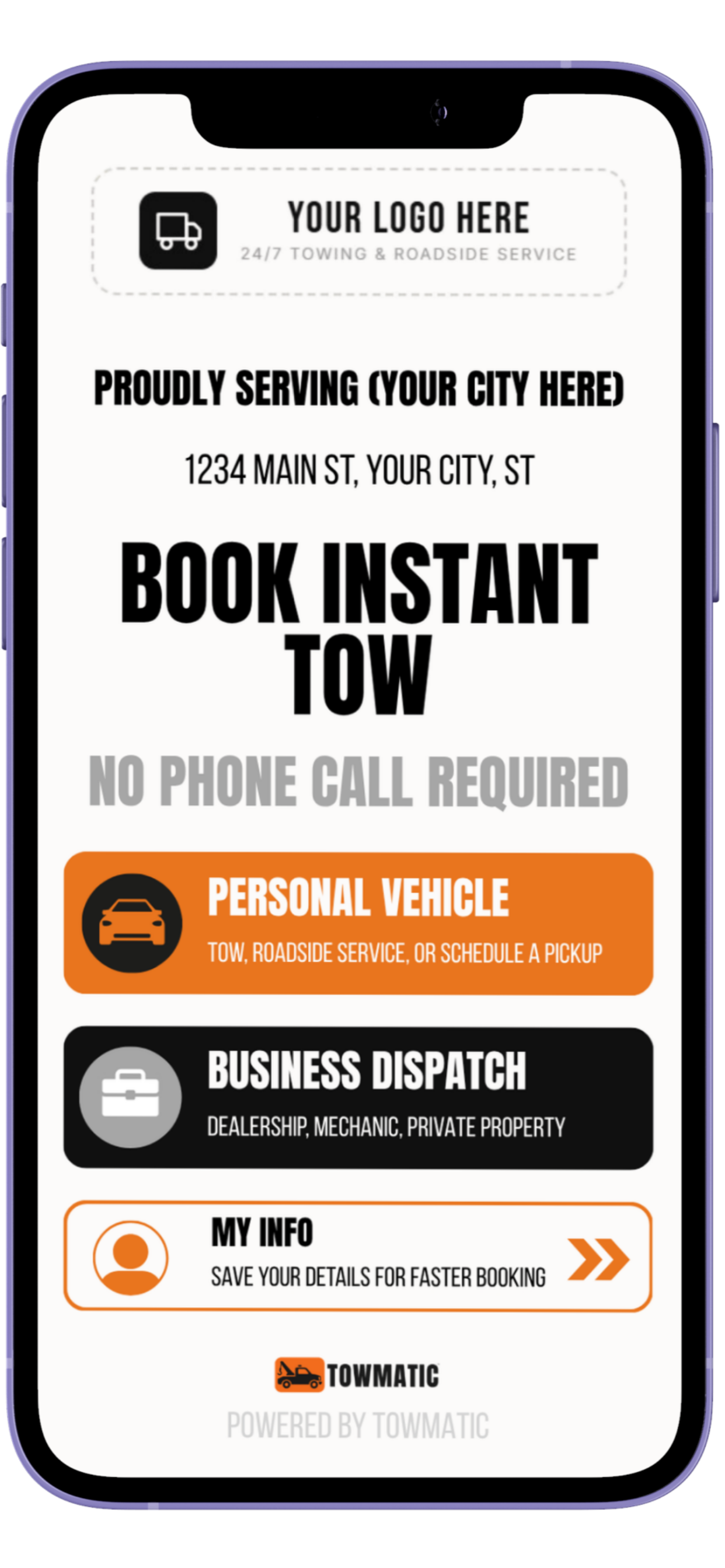 Branded Towmatic tow-booking app home screen with Personal Vehicle and Business Dispatch options